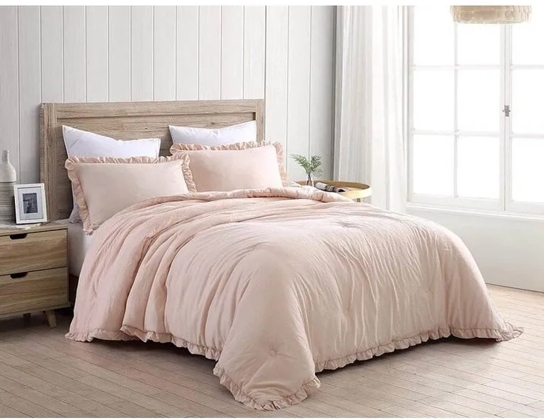 Full Size Pink Stone Washed Ruffled Edge Microfiber Comforter Set Photo 2