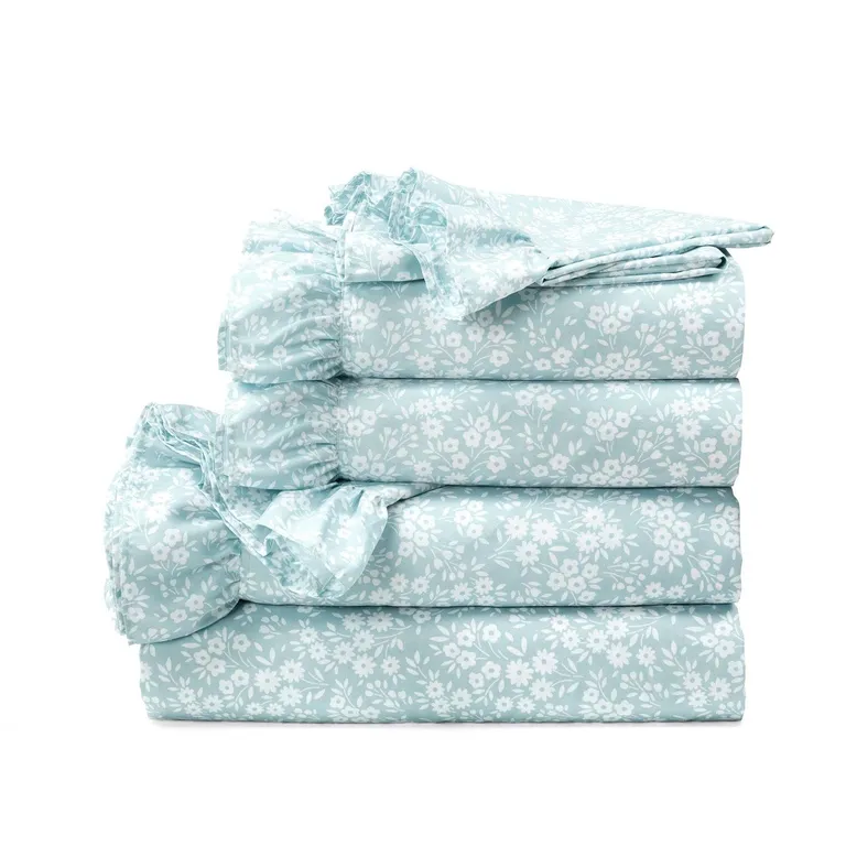 Full Size Polyester Blue Ruffle Floral 6 Piece Sheet Set Photo 1