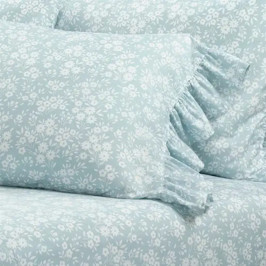 Full Size Polyester Blue Ruffle Floral 6 Piece Sheet Set Photo 4