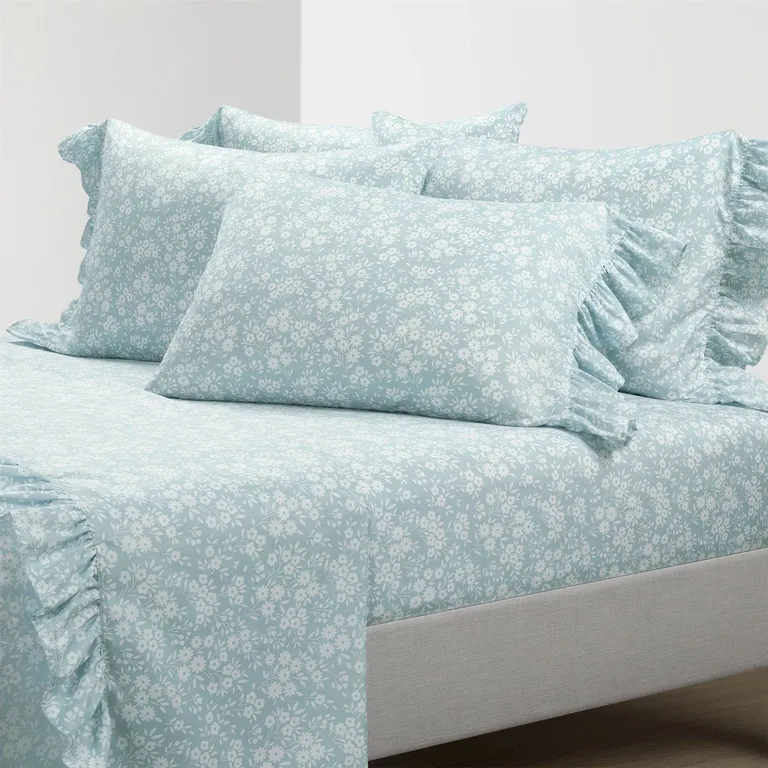 Full Size Polyester Blue Ruffle Floral 6 Piece Sheet Set Photo 2