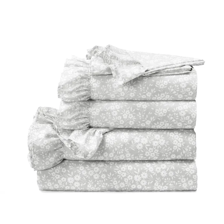 Full Size Polyester Grey Ruffle Floral 6 Piece Sheet Set Photo 1