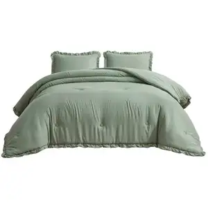 Photo of Full Size Sage Green Microfiber 3-Piece Comforter Set with Ruffled Edge Trim