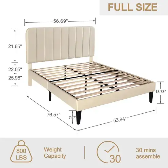 Full size Beige Upholstered Platform Bed Frame with Headboard Photo 5