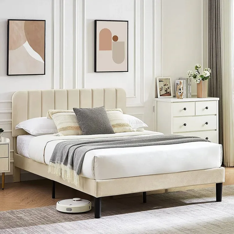 Full size Beige Upholstered Platform Bed Frame with Headboard Photo 4