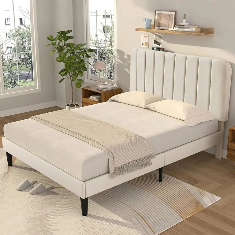 Full size Beige Upholstered Platform Bed Frame with Headboard Photo 3