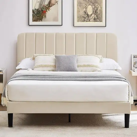 Full size Beige Upholstered Platform Bed Frame with Headboard Photo 1