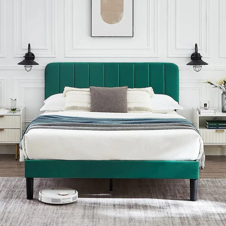 Full size Green Upholstered Platform Bed Frame with Headboard Photo 3