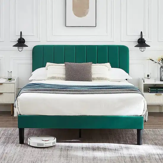 Full size Green Upholstered Platform Bed Frame with Headboard Photo 2