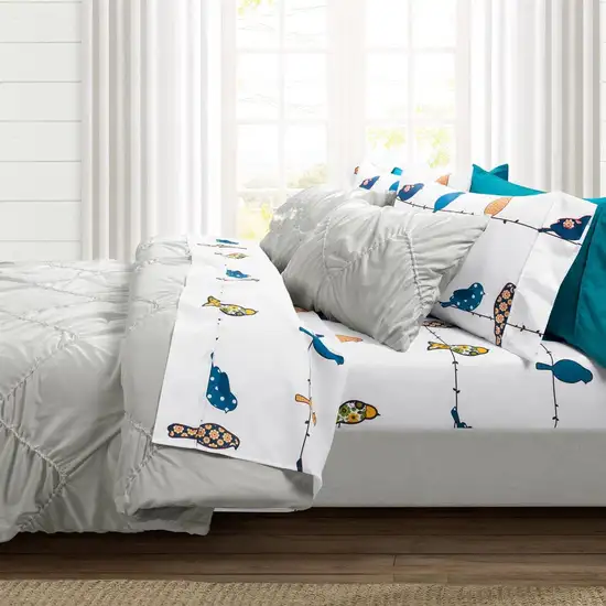 Full size Teal Yellow White Floral Birds on Wire Soft Polyester 6 Piece Sheet Set Photo 3