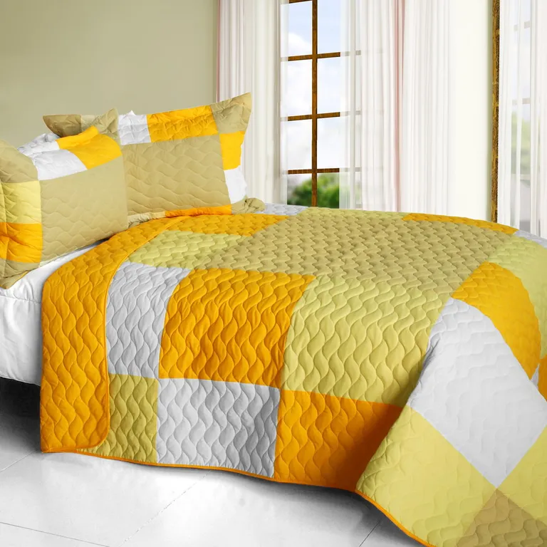 Gorgeous Sunshine - Vermicelli-Quilted Patchwork Plaid Quilt Set Full/Queen Photo 1