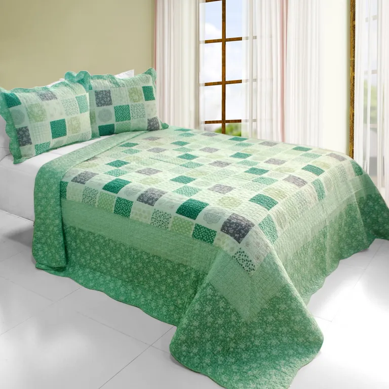 Green Fields - Cotton 3PC Vermicelli-Quilted Printed Quilt Set (Full/Queen Size) Photo 1