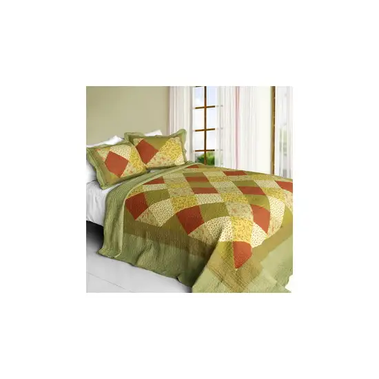 Green Fields -  Cotton 3PC Vermicelli-Quilted Striped Printed Quilt Set (Full/Queen Size) Photo 2