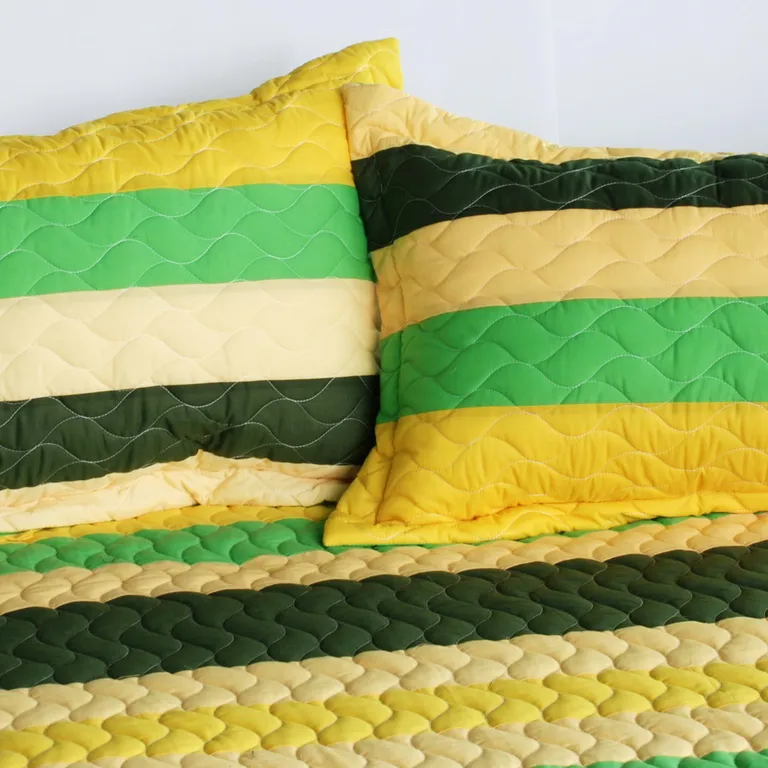 Green World - 3PC Vermicelli-Quilted Striped Quilt Set (Full/Queen Size) Photo 2