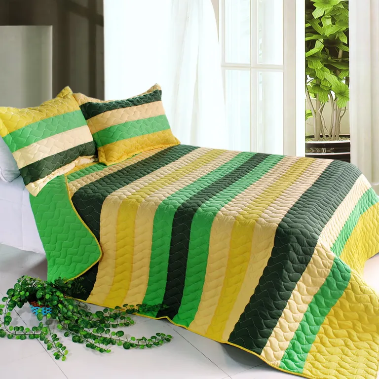 Green World - 3PC Vermicelli-Quilted Striped Quilt Set (Full/Queen Size) Photo 1