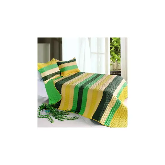 Green World -  3PC Vermicelli-Quilted Striped Quilt Set (Full/Queen Size) Photo 2