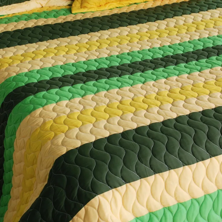 Green World - 3PC Vermicelli-Quilted Striped Quilt Set (Full/Queen Size) Photo 3