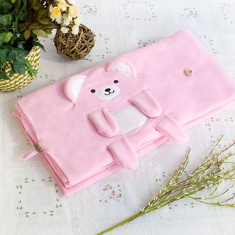 Happy Bear - Pink - Embroidered Applique Coral Fleece Baby Throw Blanket (42.5 by 59.1 inches) Photo 2