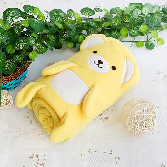 Happy Bear - Yellow -  Embroidered Applique Coral Fleece Baby Throw Blanket (42.5 by 59.1 inches) Photo 1