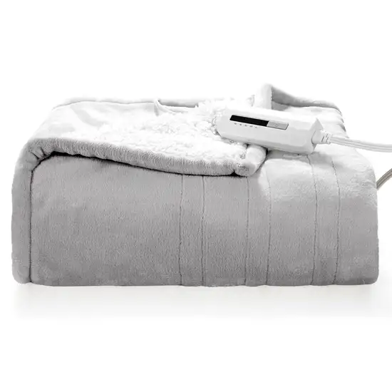 Heated Electric Sherpa Throw Blanket in Grey/White Photo 1