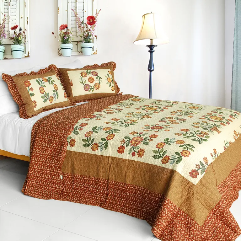 I Believe - Cotton 3PC Vermicelli-Quilted Floral Patchwork Quilt Set (Full/Queen Size) Photo 1