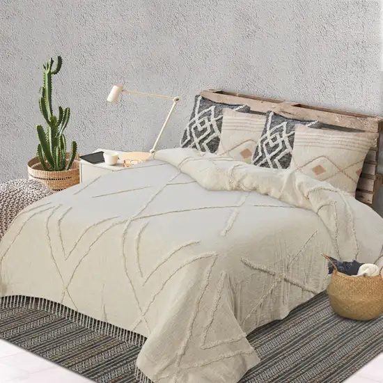 Ivory Geometric  Cotton Coverlet With Fringe Photo 8