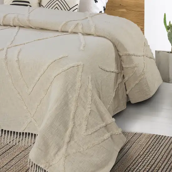 Ivory Geometric  Cotton Coverlet With Fringe Photo 9