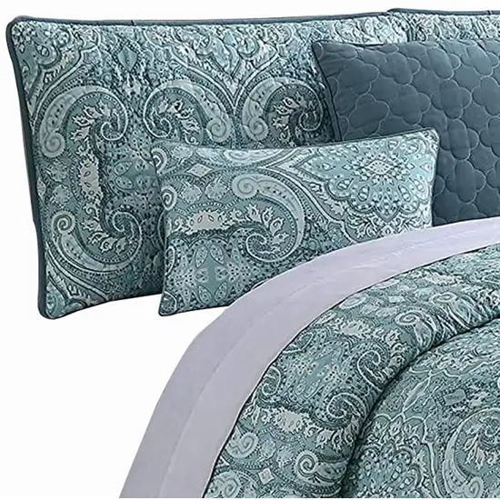 Joe 6 Piece King Microfiber Quilt Set, Medallion Design, Reversible, Blue Photo 2