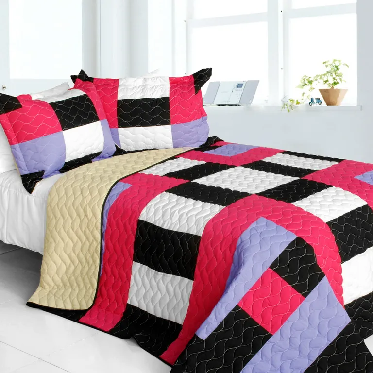 Kamelia - Vermicelli-Quilted Patchwork Geometric Quilt Set Full/Queen Photo 1