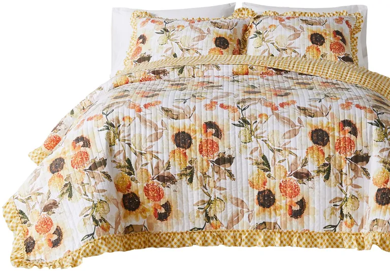 Kelsa 2 Piece Twin Quilt Set with Pillow Sham, Cotton, Ruffled Border Photo 1