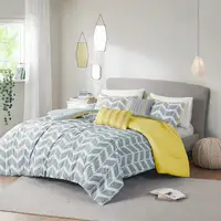 Photo of King / Cal King Reversible Comforter Set in Grey White Yellow Chevron Stripe