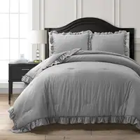 Photo of King/California King Grey White Stripe Ruffle Reversible 3 PCS Comforter Set