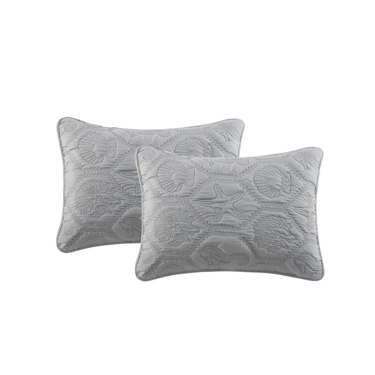 King Coastal Beach Embossed Starfish Seashell Seahorse Grey 3-Piece Quilt Set Photo 4