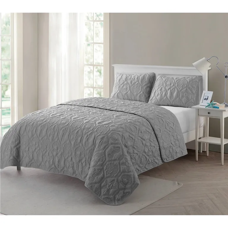 King Coastal Beach Embossed Starfish Seashell Seahorse Grey 3-Piece Quilt Set Photo 2