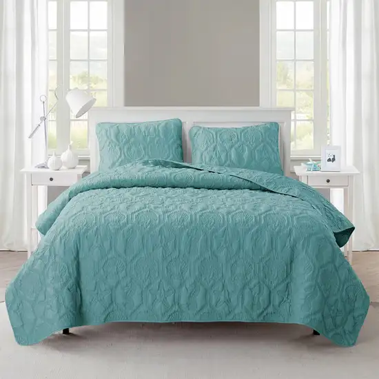 King Coastal Beach Starfish Seashell Seahorse Aqua Blue Teal 3-Piece Quilt Set Photo 1