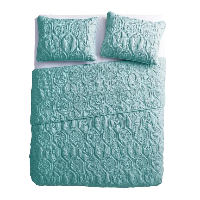 King Coastal Beach Starfish Seashell Seahorse Aqua Blue Teal 3-Piece Quilt Set Photo 4