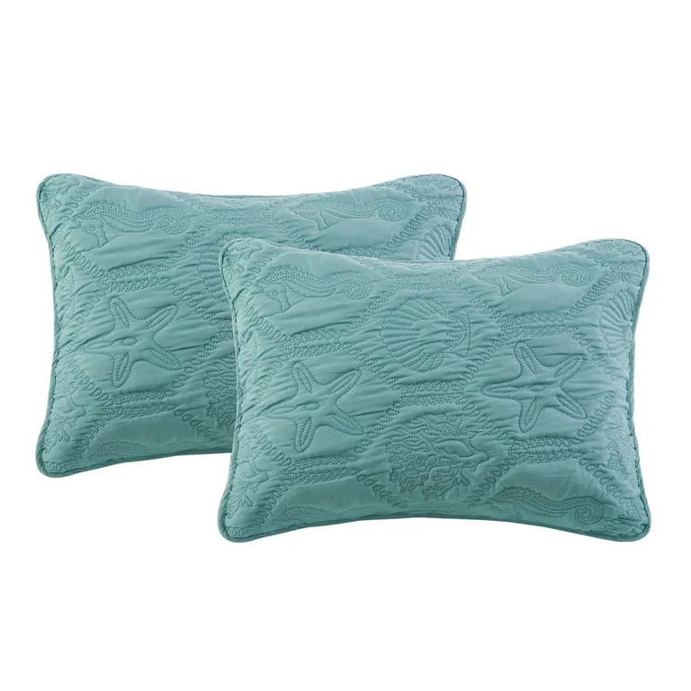 King Coastal Beach Starfish Seashell Seahorse Aqua Blue Teal 3-Piece Quilt Set Photo 5