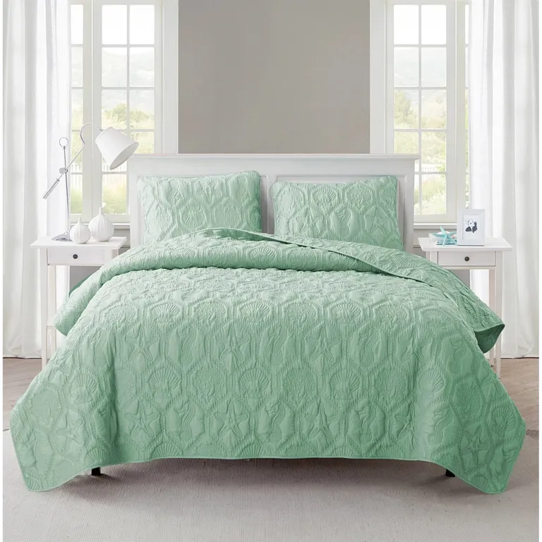 King Coastal Beach Starfish Seashell Seahorse Light Green Teal Quilt Set Photo 1