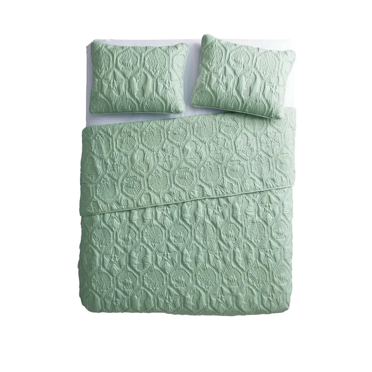 King Coastal Beach Starfish Seashell Seahorse Light Green Teal Quilt Set Photo 4