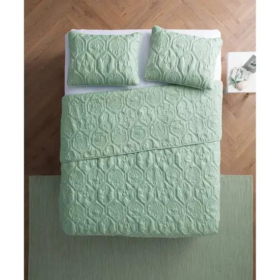 King Coastal Beach Starfish Seashell Seahorse Light Green Teal Quilt Set Photo 3