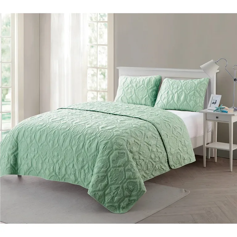 King Coastal Beach Starfish Seashell Seahorse Light Green Teal Quilt Set Photo 2