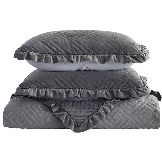 King Gray Charcoal Velvet Microfiber Polyester Reversible 3-Piece Quilt Set Photo 2