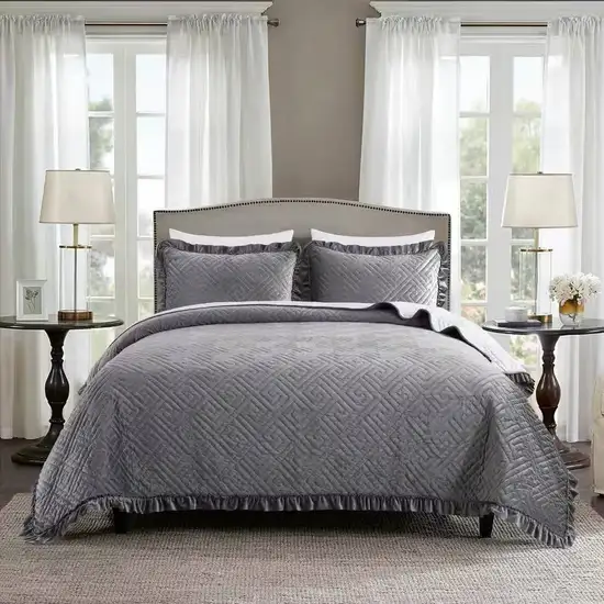 King Gray Charcoal Velvet Microfiber Polyester Reversible 3-Piece Quilt Set Photo 1