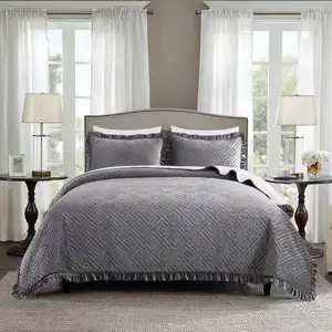 Photo of King Gray Charcoal Velvet Microfiber Polyester Reversible 3-Piece Quilt Set