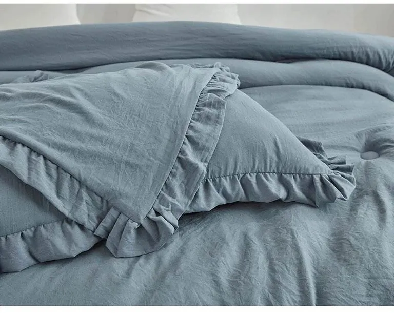 King Oversized Blue Ruffled Edge Microfiber Comforter Set Photo 5