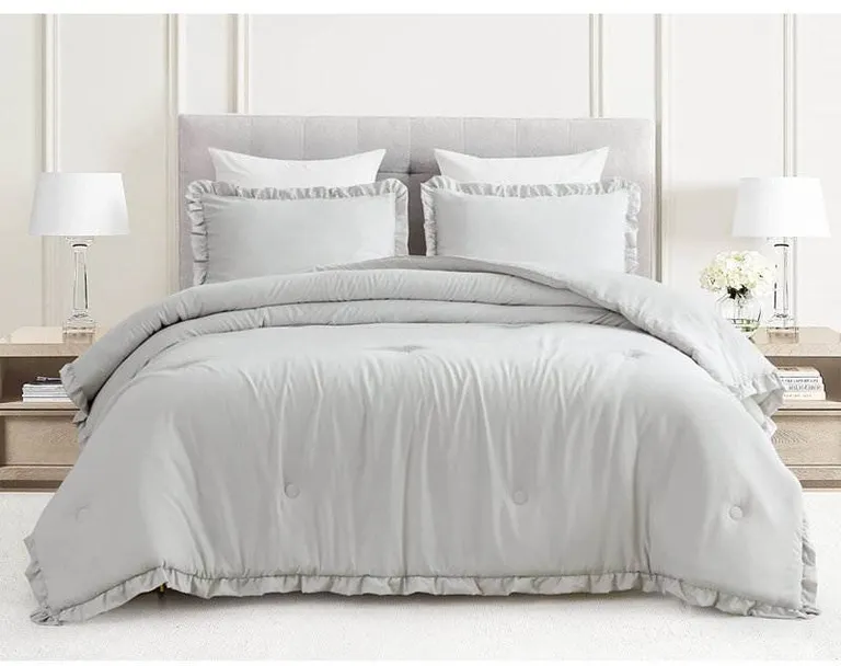 King Oversized Grey Ruffled Edge Microfiber Comforter Set Photo 1