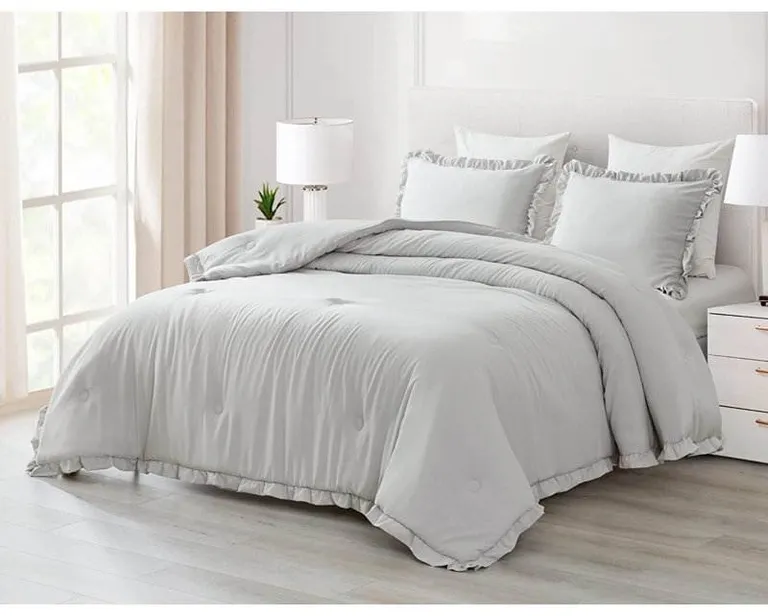 King Oversized Grey Ruffled Edge Microfiber Comforter Set Photo 3