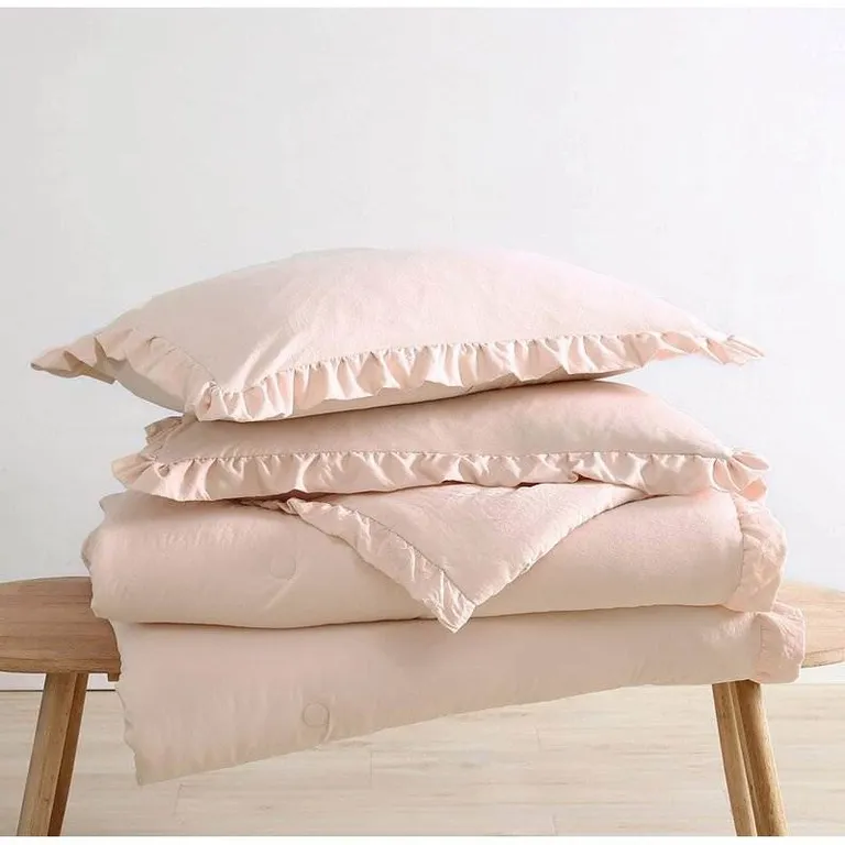 King Oversized Pink Ruffled Edge Microfiber Comforter Set Photo 4