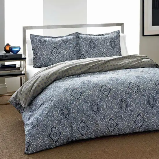 King 3-Piece Cotton Comforter Set with Blue Grey Damask Pattern Photo 1