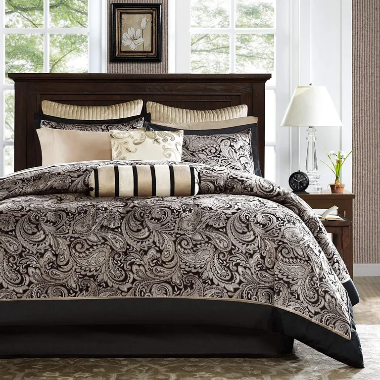 King 12 Piece Cotton Polyester Comforter Set Black Gold Paisley Photo 2