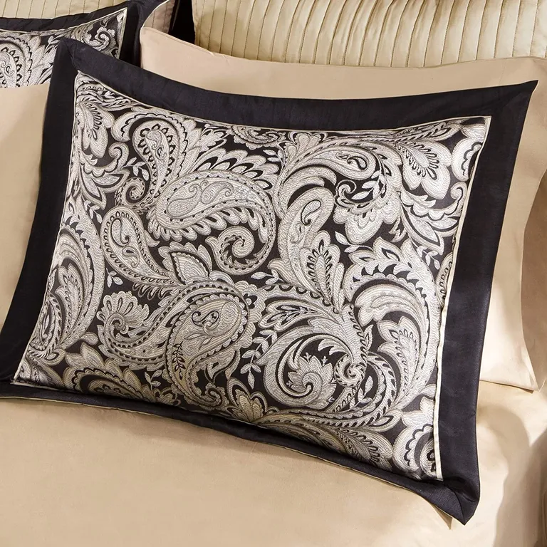 King 12 Piece Cotton Polyester Comforter Set Black Gold Paisley Photo 4